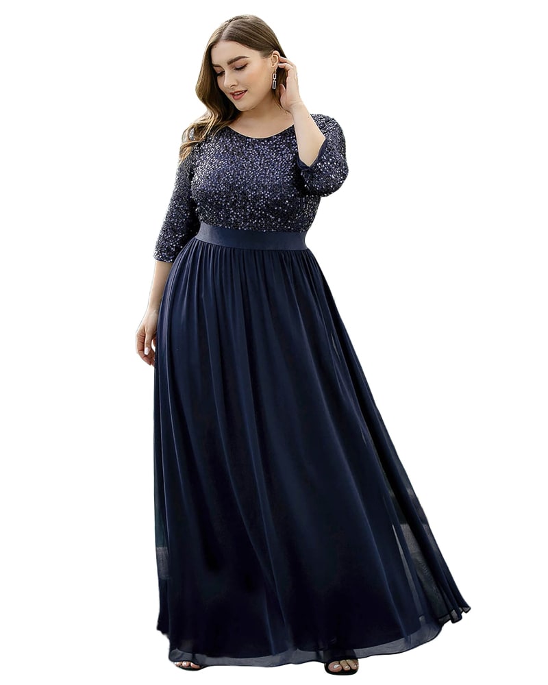 3 4 Sleeves Round Neck Evening Dress With Sequin Bodice Navy Blue